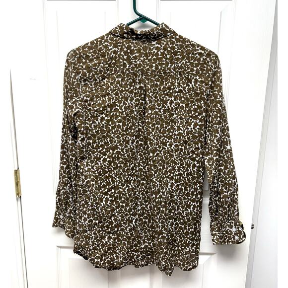 Liz Claiborne Blouse, Brown White Light Cotton Floral Button Up, Women's Size MP - Picture 2 of 7